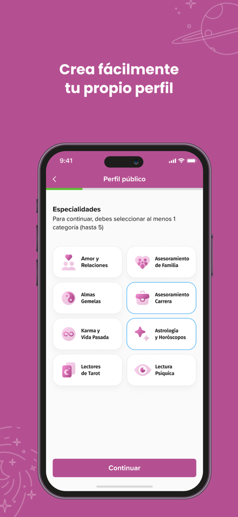 Interfaz de seleccion de especialidades en la aplicacion Psiquicos para Asesores