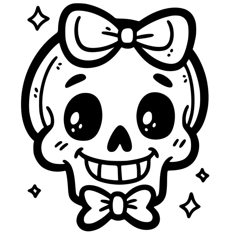 simple comical skeleton skull smiling with a bow on top of his head from the front
