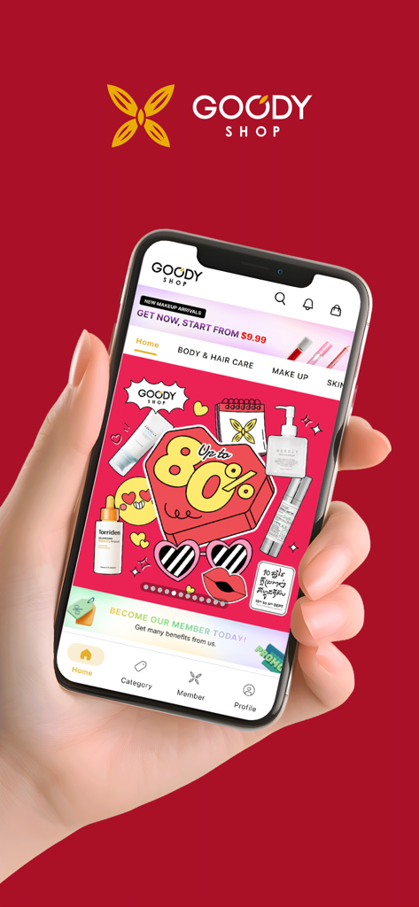 韓国のスキンケアプロモーションが表示されたGOODY SHOPアプリのインターフェースが表示されたスマートフォンを持つ手