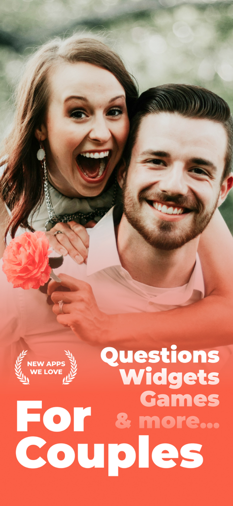 Flamme: Cozy Couples App - A happy young couple laughing with text overlay describing app features for couples.