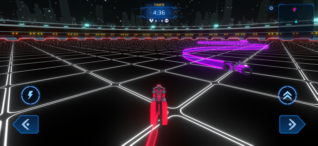 A red and purple neon bike battle in a digital grid arena with glowing light trails.