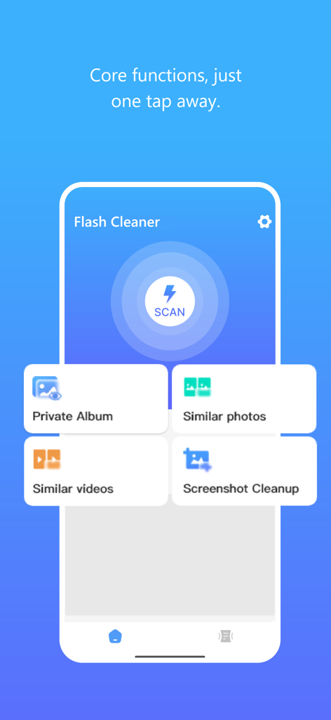 Interfaz de la aplicación Flash Cleaner con un botón de escaneo y herramientas de gestión de almacenamiento como fotos similares y limpieza de capturas de pantalla.