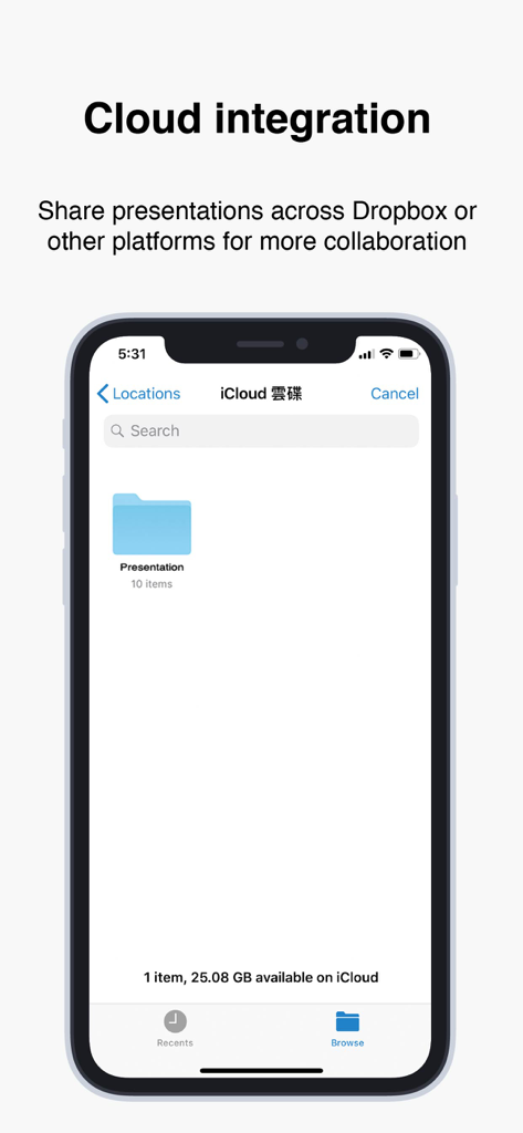 Captura de pantalla de la aplicación EZCast Pro que muestra la integración en la nube para compartir presentaciones en un iPhone