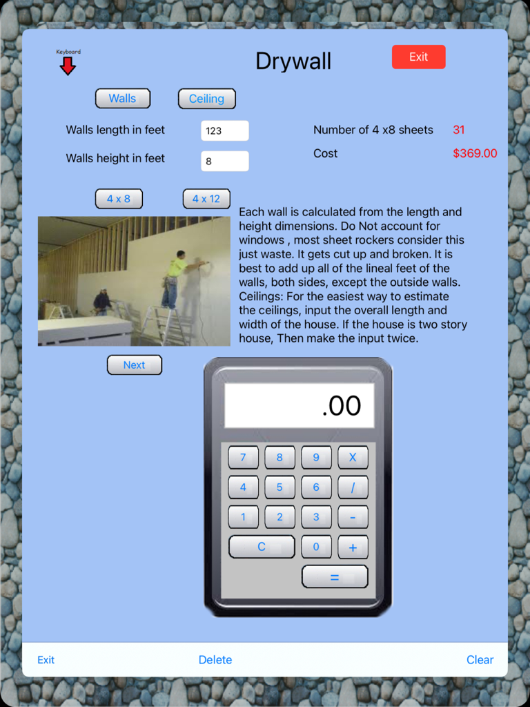 Estimate HD - Drywall estimation screen showing calculations for material sheets and total cost.
