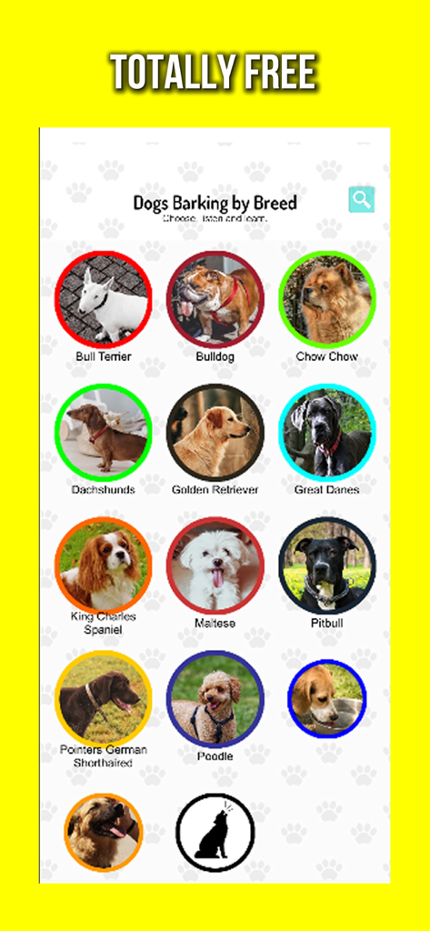 Una schermata di app mobile che mostra una griglia di icone di razze canine come Bulldog e Golden Retriever sotto il titolo 'Cani che abbaiano per razza'.