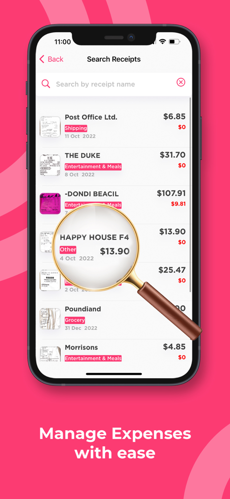 Receipt Scanner & Expense AI - Mobile app interface showing a searchable list of scanned receipts with categories and expense totals
