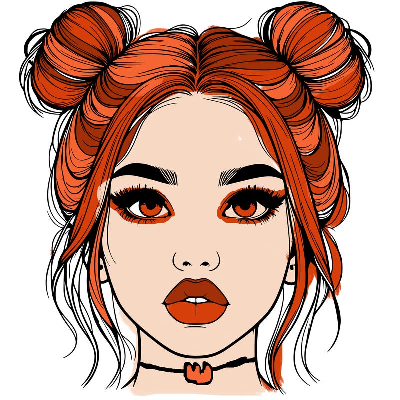 realistic girl with two buns on her hair and lips