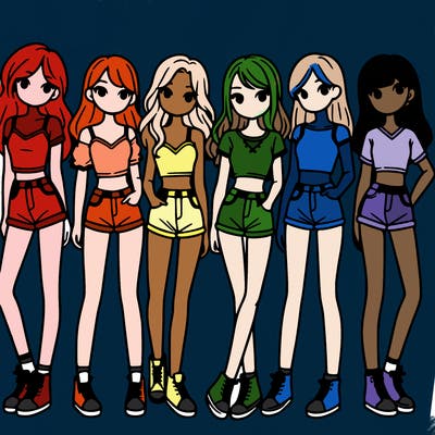 a group of girls wearing crop tops and shorts