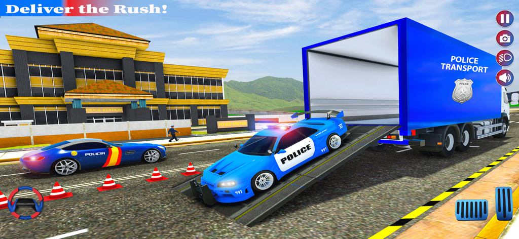 Police Car Transporter Game 3D - A blue police car driving up a ramp into a large police transport truck in front of a station