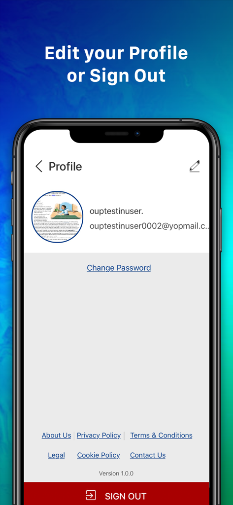Oxford Educate - Oxford Educate app user profile screen displaying account information and a sign out button