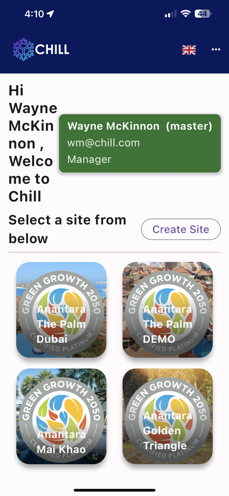 Chill food waste app manager dashboard showing hotel site selection for Dubai and Thailand with Green Growth 2050 certification badges.