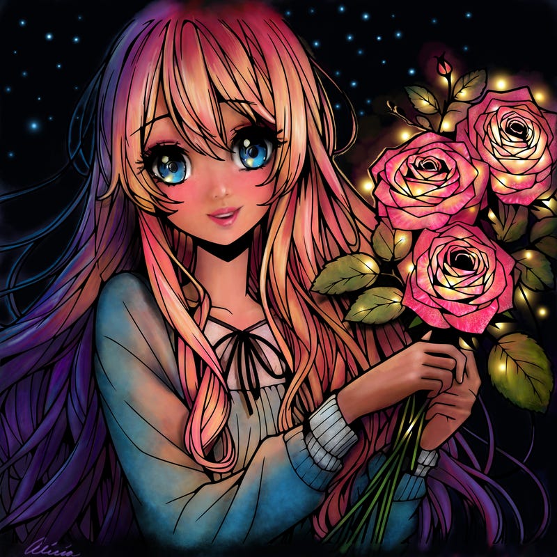 anime girl with long blonde hair with roses in her hand