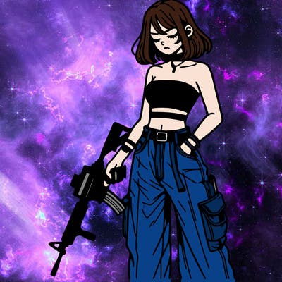 a dangerous girlcrop top and baggy jeans with a rifle in her hand