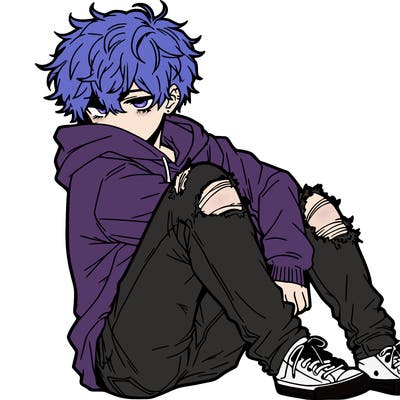 a male hoddie ripped jeans messy hair anime