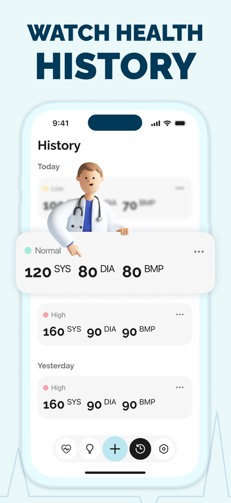 Smart BP - Blood Pressure Log - Interfaccia dell'app Smart BP che visualizza una cronologia dettagliata delle letture della pressione sanguigna e della frequenza cardiaca organizzate per data