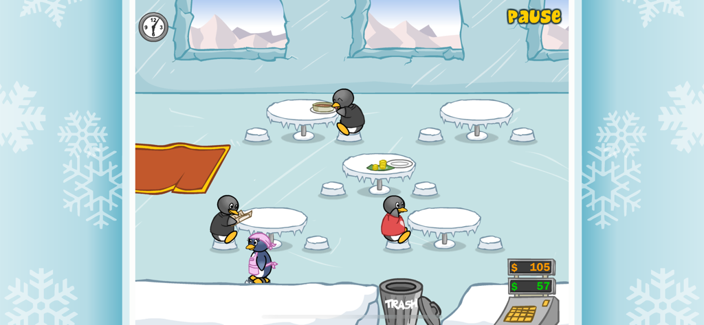 Penguin Diner: Restaurant Dash - Penny la camarera pingüino sirviendo a clientes en un restaurante con temática ártica