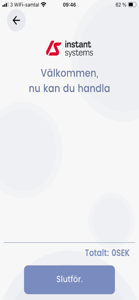 Tela de boas-vindas do aplicativo de pagamento móvel Lova mostrando um saldo de zero SEK e um botão para concluir uma transação