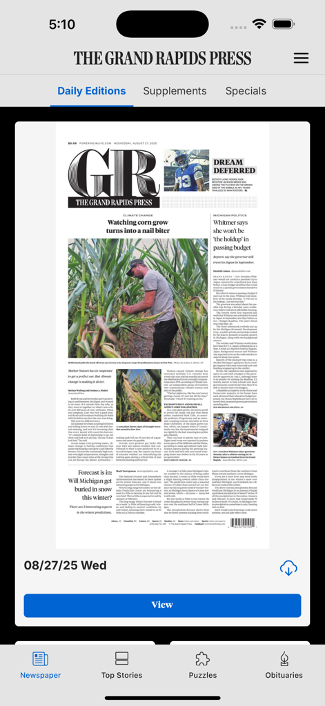 Grand Rapids Press - Front page of the Grand Rapids Press daily newspaper edition on a mobile app.