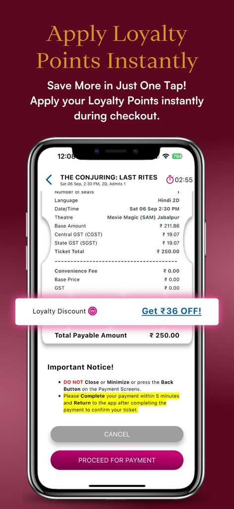 Movie Magic Multiplex - Pantalla de pago de la aplicación Movie Magic Multiplex mostrando la aplicación del descuento de fidelidad para una entrada de cine.