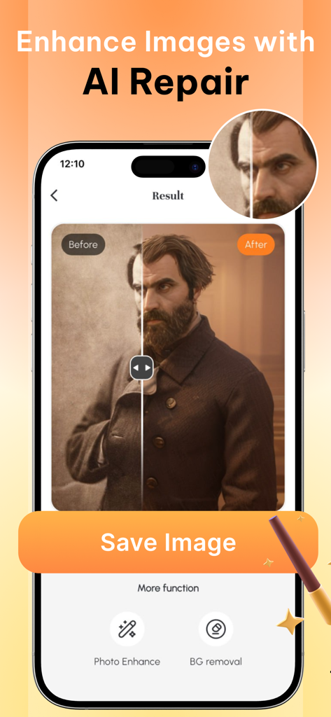 Auralis: AI Photo Studio - Auralis app interface showing AI image repair with a before and after portrait comparison