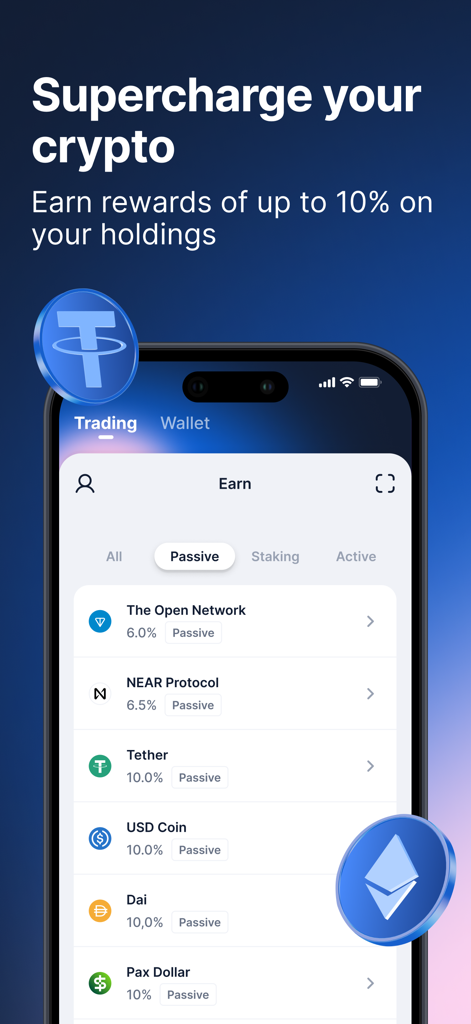 테더 및 USD 코인과 같은 다양한 암호화폐 보유에 대한 보상을 보여주는 Blockchain.com의 모바일 앱 인터페이스