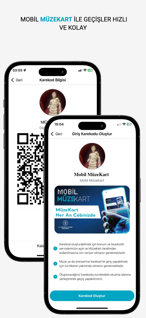 Museums of Türkiye - Official - Two smartphone screens displaying the official Museums of Türkiye app digital pass and entry QR code generator