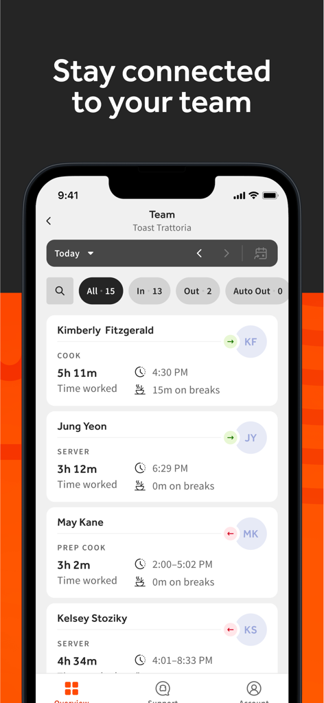 Toast Now - Toast Now app interface displaying restaurant employee clock in times and break status