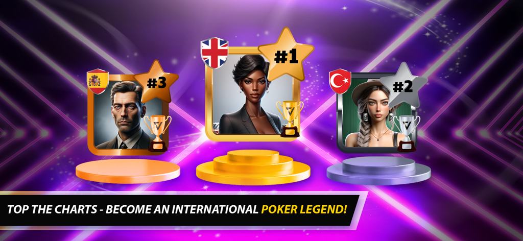 Velo Poker: Play Texas Holdem - Classement mondial dans Velo Poker montrant les trois meilleurs joueurs internationaux classés sur un podium avec des trophées.