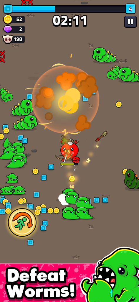 Apple Grapple: Survivor - Un personnage de pomme guerrière utilisant des armes pour vaincre des hordes de vers verts dans Apple Grapple Survivor