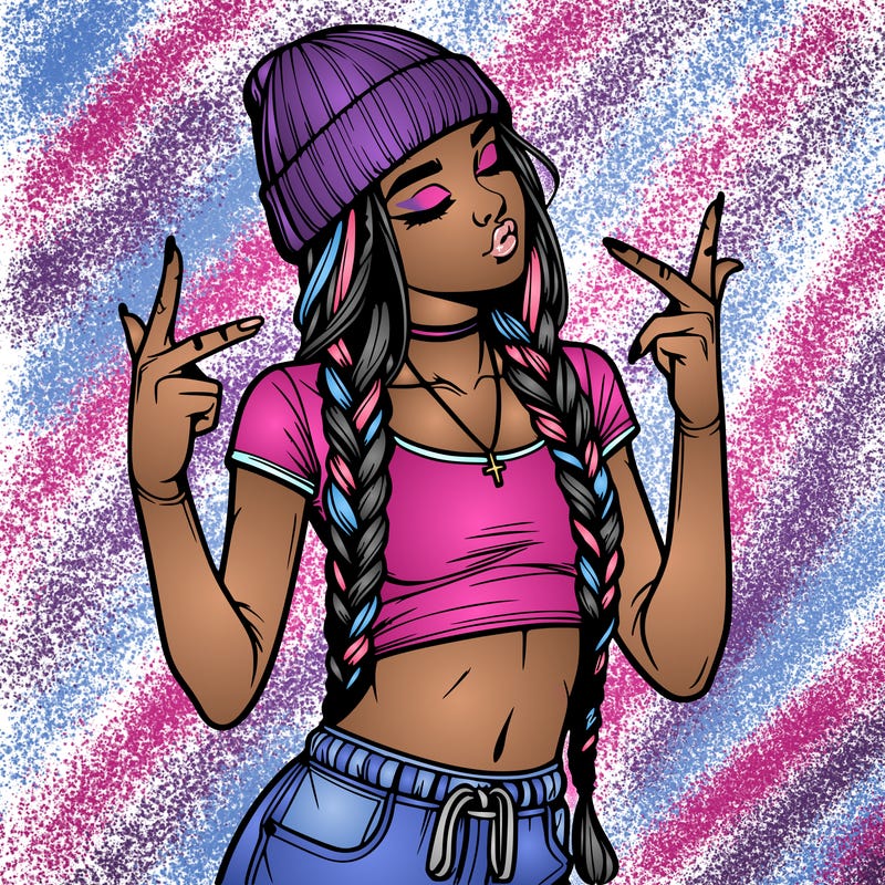 realistic teenage girl with braids and a beanie and crop top doing 🫶🏼