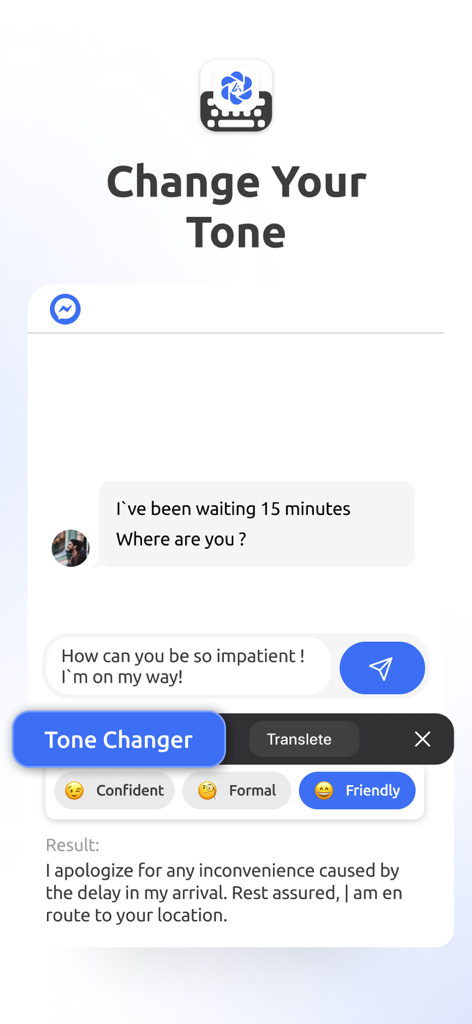AI Keyboard Pro - Type & Write - AI Keyboard Pro interface showing the tone changer feature converting a casual message into a formal response
