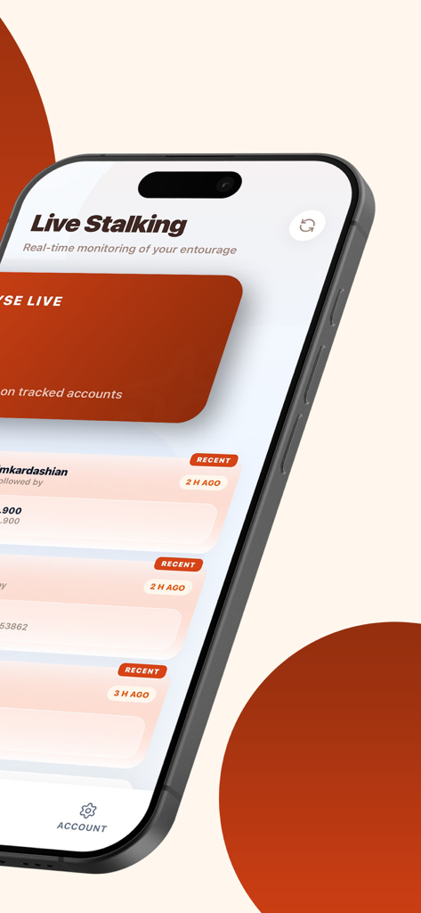 Eyko: Recent Follow Tracker - Pantalla de smartphone que muestra la función de seguimiento en vivo de la aplicación Eyko para actualizaciones de seguidores en redes sociales en tiempo real.