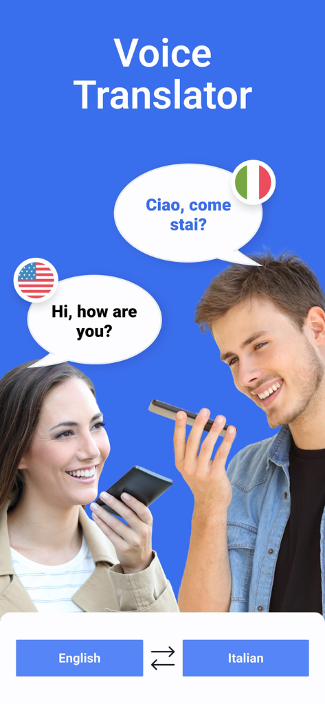 Interface of Translate AI app showing voice translation between English and Italian with speech bubbles and two people using their phones