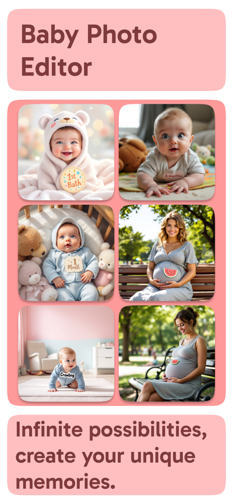 Bino: Baby Photo Editor App - Examples of edited baby milestone and pregnancy photos using the Bino app stickers