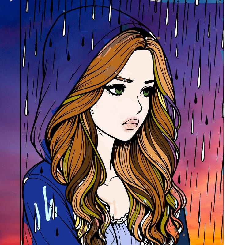 realistic woman in the rain sad