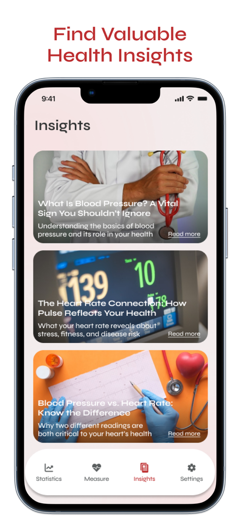 Heart Rate Monitor and Tracker app insights screen displaying health educational articles about blood pressure and pulse.
