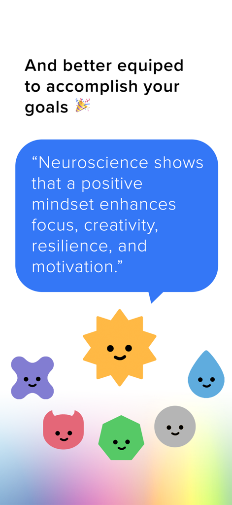 HOPECORE - HOPECOREアプリのかわいい笑顔のキャラクターに囲まれた、ポジティブなマインドセットに関する引用を含むメッセージバブル