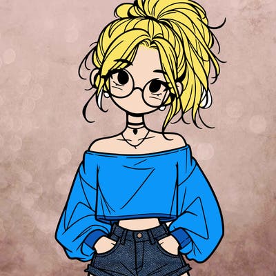 girl with a messy ponytail glasses a baggy crop top and jean shorts