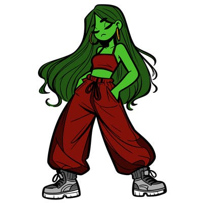 girl in baggy pants crop top and long hair