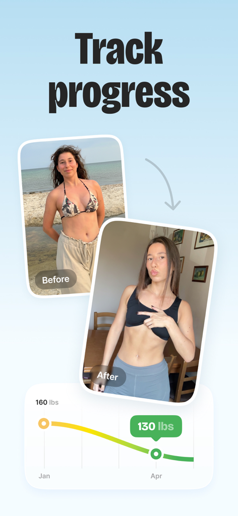 BitePal: Food Tracker Pet - Before and after photos of a woman with a weight loss chart showing progress from 160 to 130 pounds.