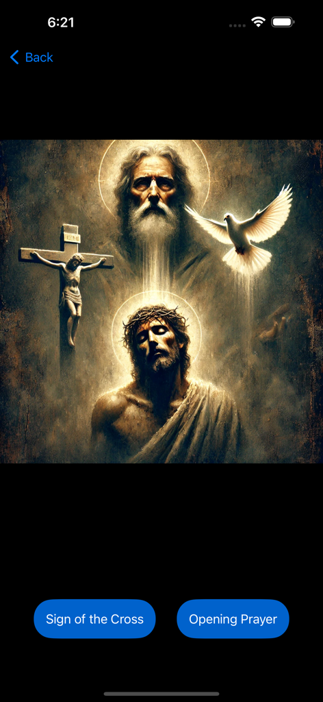 Little Crown of Mary - Religious artwork of the Holy Trinity and crucifix with buttons for Sign of the Cross and Opening Prayer