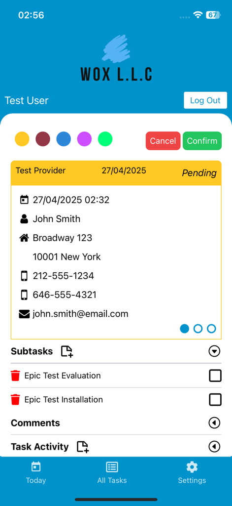 wowo - WOX - Oberfläche der wowo - WOX App, die Aufgabendetails einschließlich Kundeninformationen und Unteraufgabenliste anzeigt.