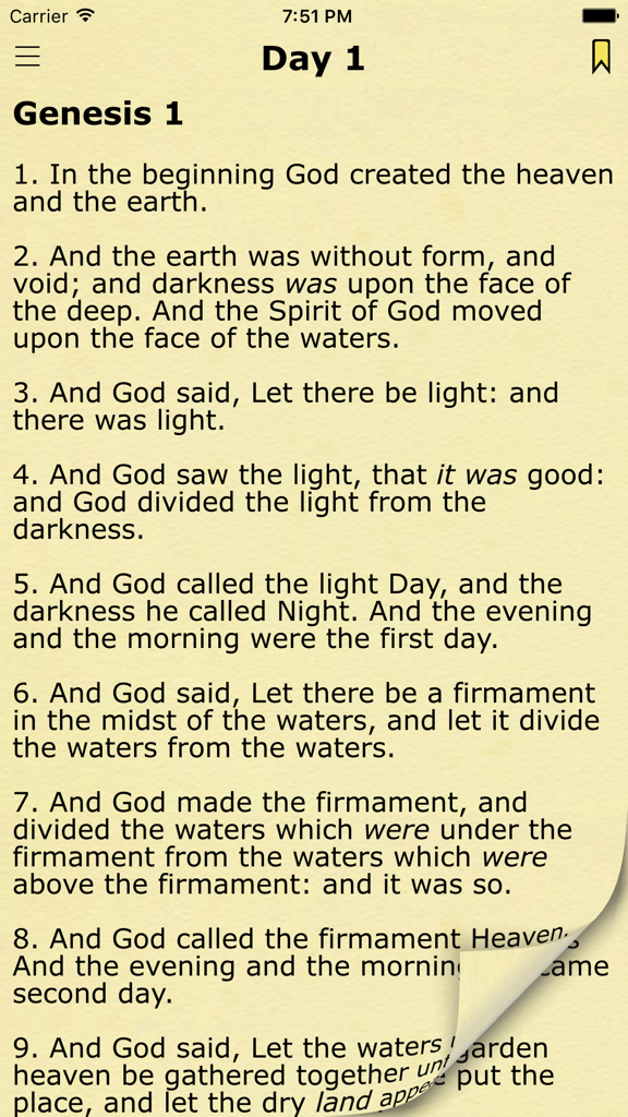 Chronological Bible in a Year - KJV Daily Reading - Daily KJV Bible reading interface showing Genesis chapter 1 on a parchment background
