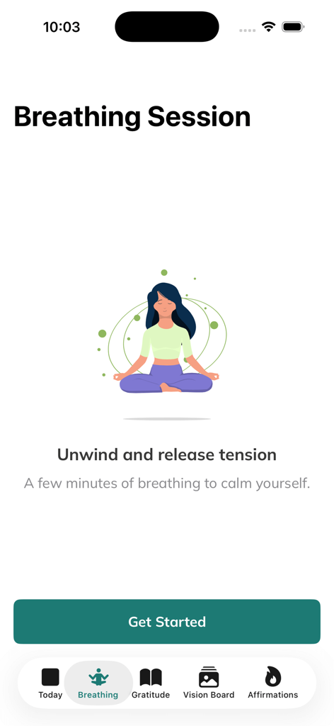 My Wellbeing: Gratitude App - Pantalla de sesión de respiración de la aplicación My Wellbeing con una ilustración de meditación y un botón de inicio.