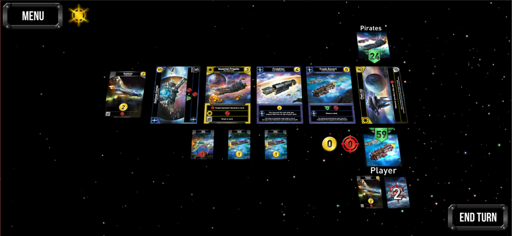 Star Realms - Una captura de pantalla del juego de construcción de mazos Star Realms que muestra cartas de naves estelares y bases de ciencia ficción durante una partida de combate espacial.