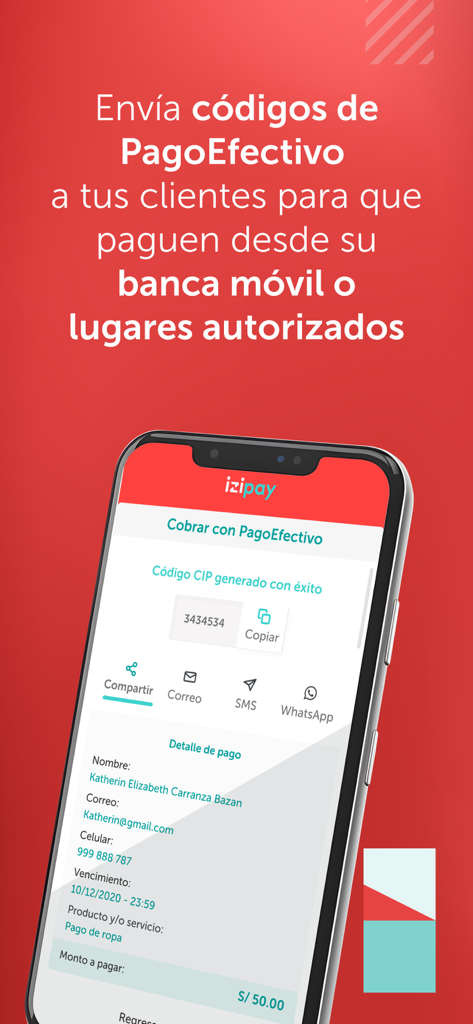 izipay app screen displaying a generated PagoEfectivo CIP payment code