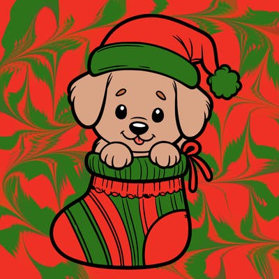 cute puppy wearing santa hat in socking