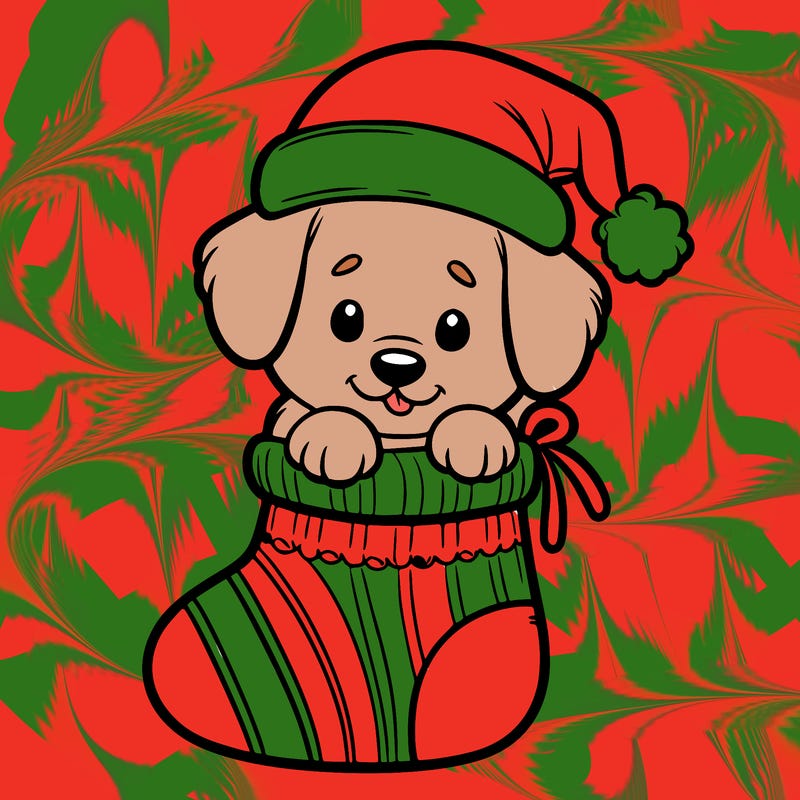 cute puppy wearing santa hat in socking