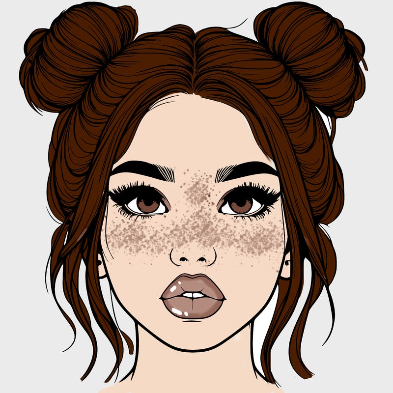 realistic girl with two buns on her hair and lips