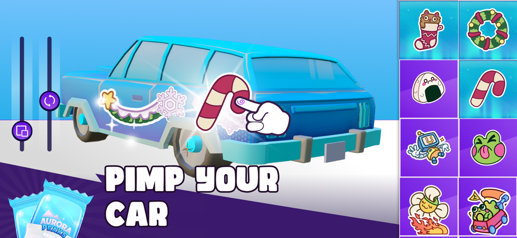 Back2Back: 2 Player Co-op Game - Tela de personalização de carro em Back2Back mostrando adesivos e decalques sendo aplicados a um veículo azul